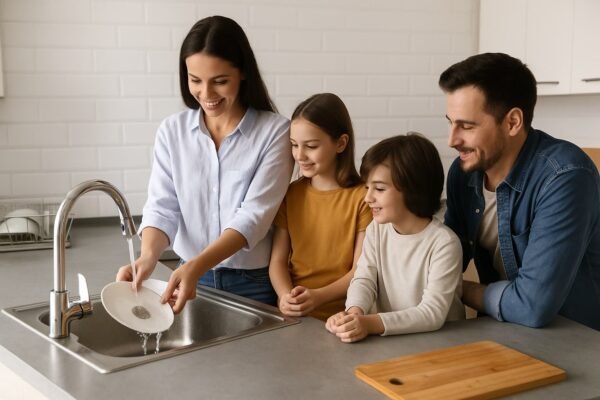 أسرة تحافظ على نظافة حوض المطبخ