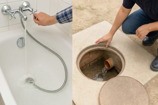 فحص عملي لتصريف الحمام ومراقبة غرفة التفتيش لمنع الارتجاع