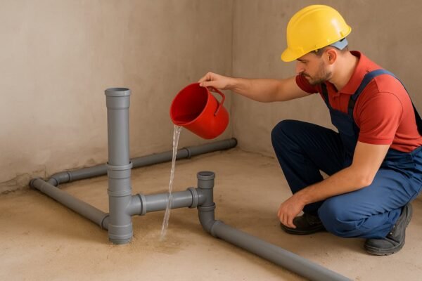 فني يختبر شبكة الصرف قبل الصبة بدفق ماء وميل واضح