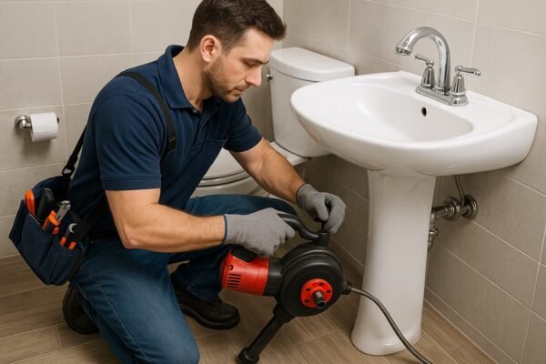 فني صحي يسلك حوض الحمام باستخدام ماكينة كهربائية متطورة