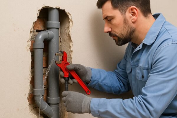 فني صحي يفحص تسربات المياه باستخدام جهاز إلكتروني في غرفة داخل منزل