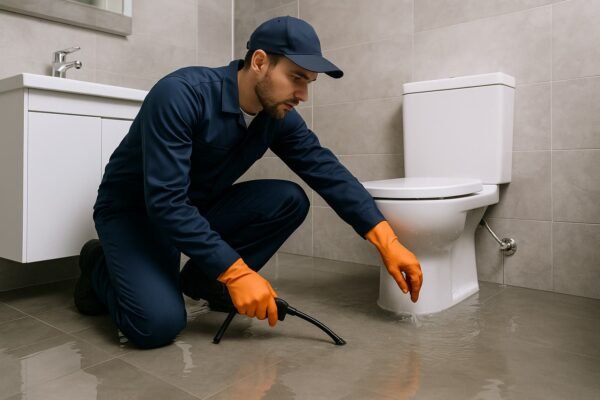 فني صحي يتعامل مع تسرب مياه في حمام