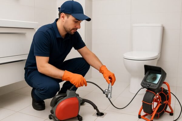 فني صحي يستخدم ماكينة فتح مجاري وكاميرا فحص مواسير