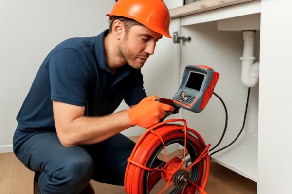 فني صحي يستخدم كاميرا فحص الأنابيب داخل منزل في جنوب السرة