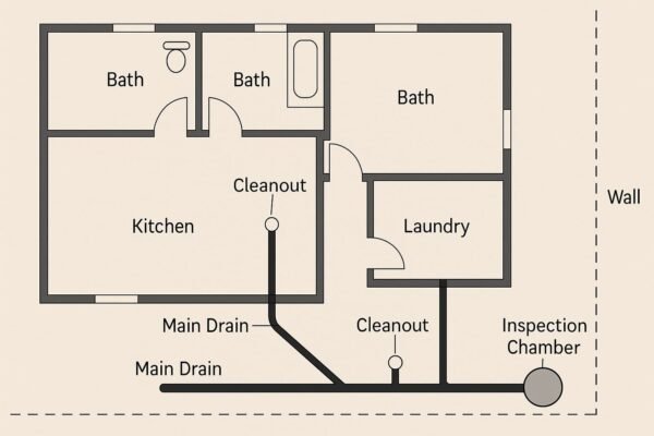 مخطط تأسيس الصرف الصحي لبيت كويتي بخط رئيسي وفروع ونقاط تفتيش