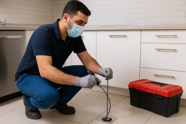 فني يسلك صرف أرضية بالمطبخ