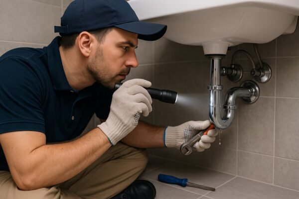 فني صحي يفحص تسريب خلف مغسلة حمام