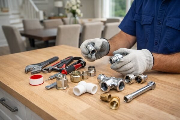 عدة سباكة مرتبة على طاولة عمل في منزل بسلوى الكويت