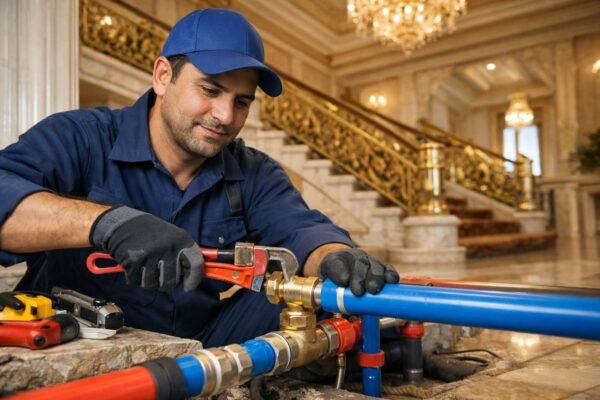 فني صحي يركب أنابيب مياه في قصر بالكويت