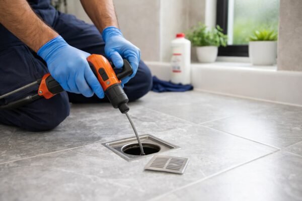 فني صحي يسلك فتحة صرف أرضية في حمام حديث بالحساوى