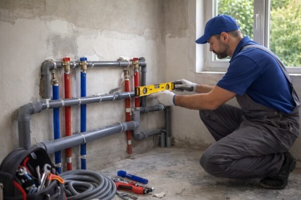 فني صحي يضبط مواسير المياه والصرف في حمام قيد التجهيز بالكويت