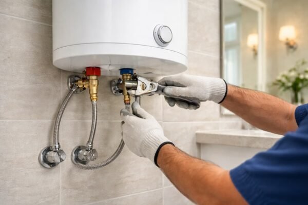 فني صحي يفحص صمام أمان السخان في حمام بسلوى الكويت