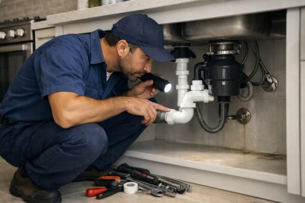 فني صحي يفحص مواسير أسفل مغسلة مطبخ حديث في الكويت