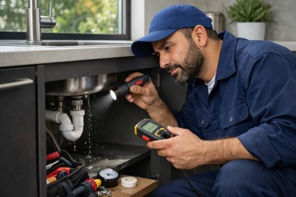 فني صحي يفحص تسريب ماء تحت حوض مطبخ حديث في الوطية