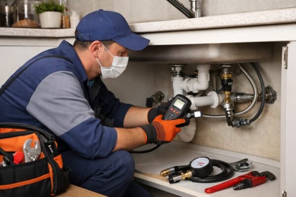 فني صحي يفحص وصلات المياه خلف حوض مطبخ بالمنصورية