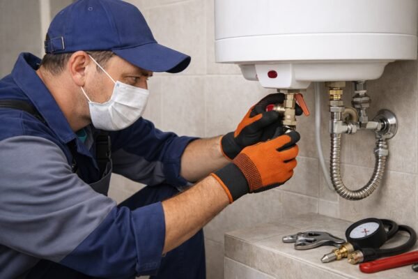 فني صحي يفحص صمام الأمان ووصلات سخان مياه في المنصورية بالكويت