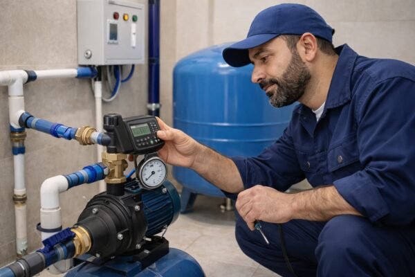 فني صحي يفحص مضخة مياه ولوحة تحكم قرب خزان منزلي في الوطية