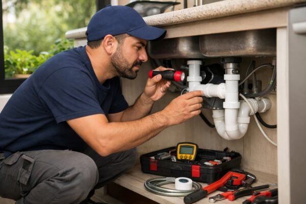 فني صحي يفحص وصلة تحت حوض مطبخ بالحساوى