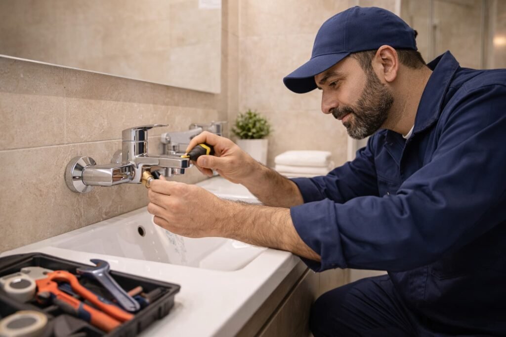 فنى صحى الوطية بالكويت يركّب خلاط ومحبس حديث في حمام