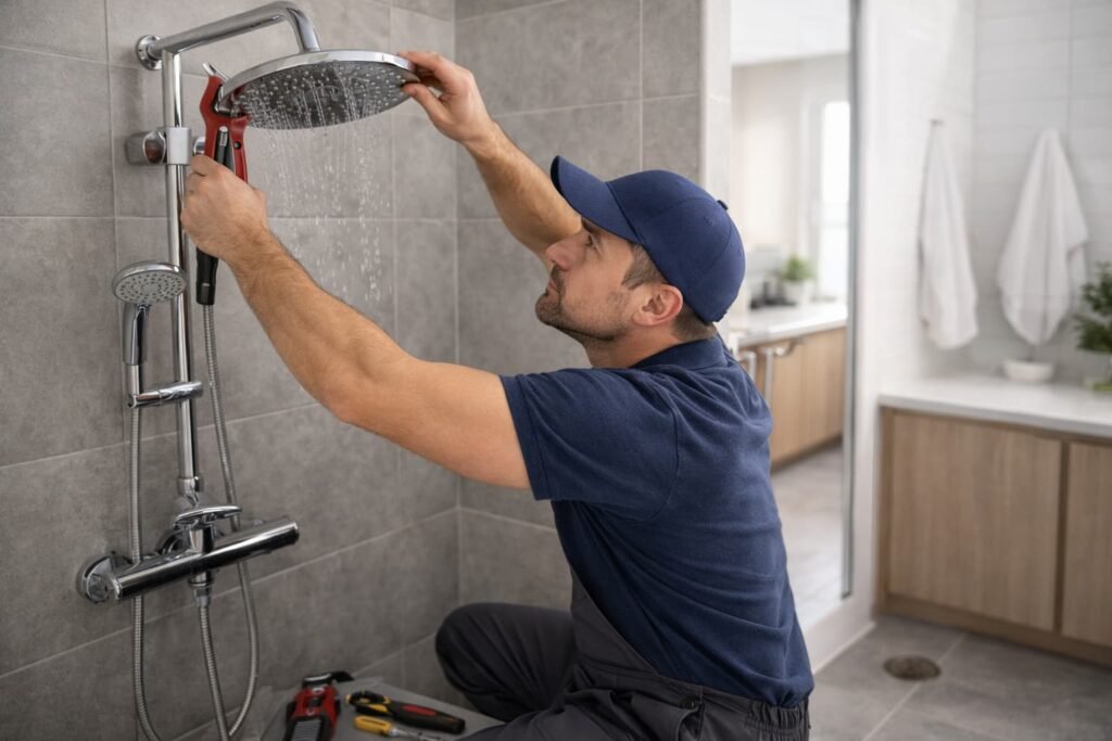 فنى صحى كيفان يصلح الدش داخل حمام حديث