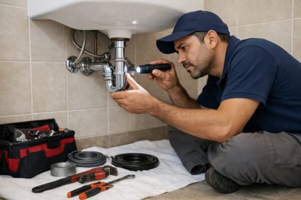 فني صحي يفحص وصلة أسفل المغسلة في حمّام منزل بالدسمة