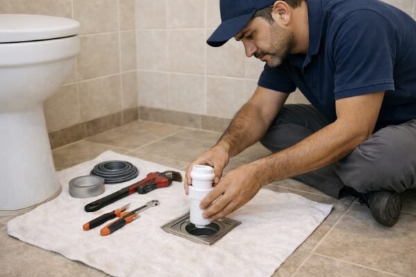 فني صحي يركّب سيفون أرضي للبالوعة