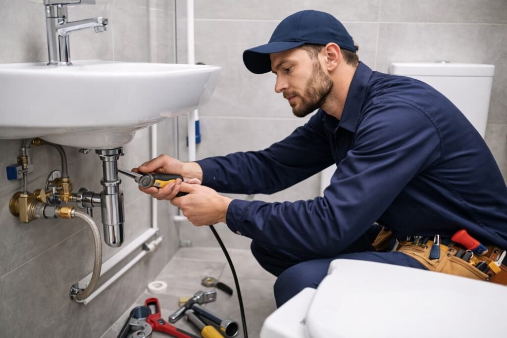 فني صحي الفردوس يقوم بتركيب أدوات سباكة في حمام بمنزل بالفردوس