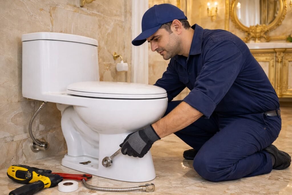 فني صحي القصر يقوم بتركيب مرحاض