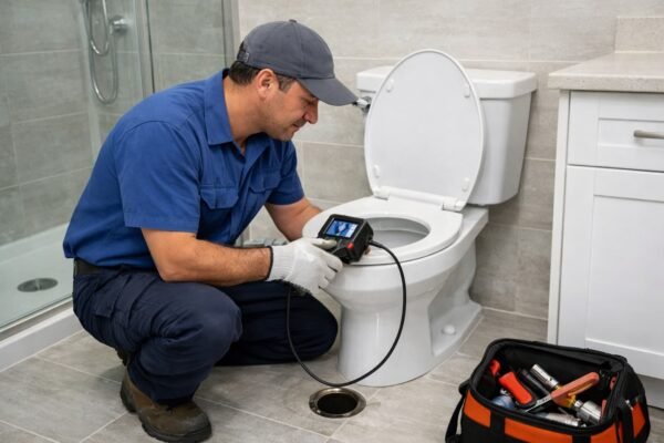 فني صحي يفحص قاعدة المرحاض في سلوى بالكويت