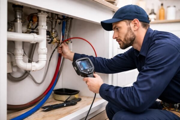 فني صحي يقوم بفحص الأنابيب في منزل بالفردوس باستخدام كاميرا تفتيش رقمية