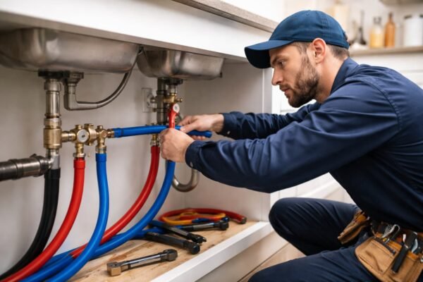 فني صحي يركب أنابيب مياه في منزل بالفردوس