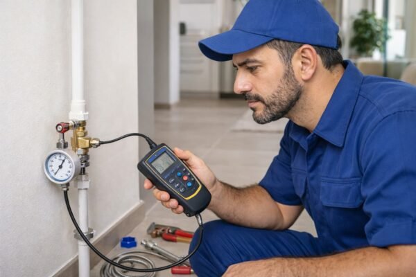 فني صحي يقيس ضغط خط المياه لكشف التسرب في الكويت