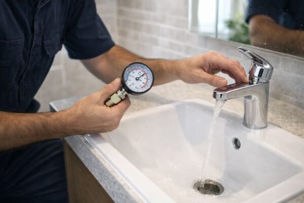 فني صحي يقيس ضغط الماء عند خلاط مغسلة في منزل بالكويت