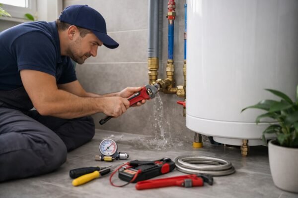 إصلاح تسريب عند سخان مياه داخل غرفة خدمات