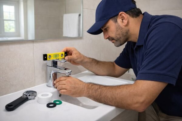 فني صحي يركب خلاط جديد في حمام بالقيصرية الكويت