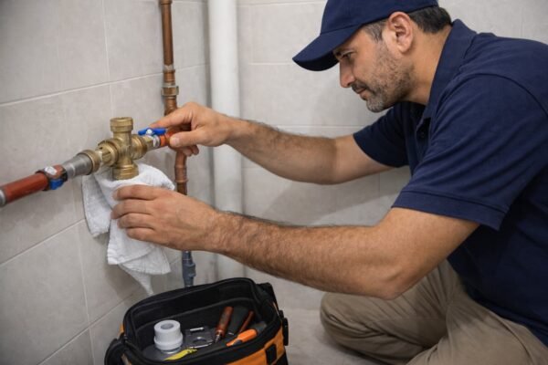 فني صحي يفحص محبس مياه رئيسي في القيصرية بالكويت