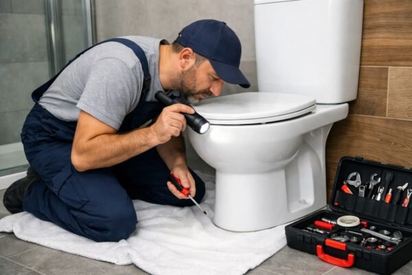 فني صحي يفحص قاعدة المرحاض والسيفون في العديلية