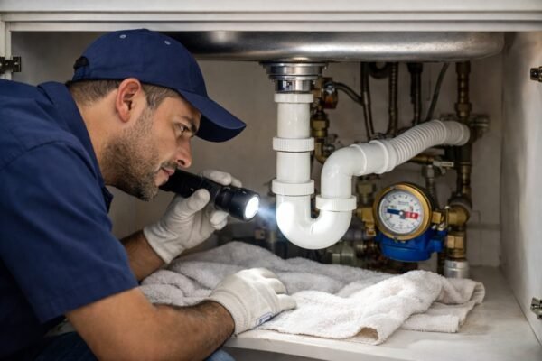 فني صحي يفحص أسفل حوض المطبخ بالقادسية