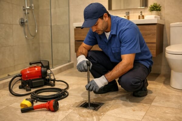 فني صحي يختبر صرف أرضية حمام حديث بالعقيلة