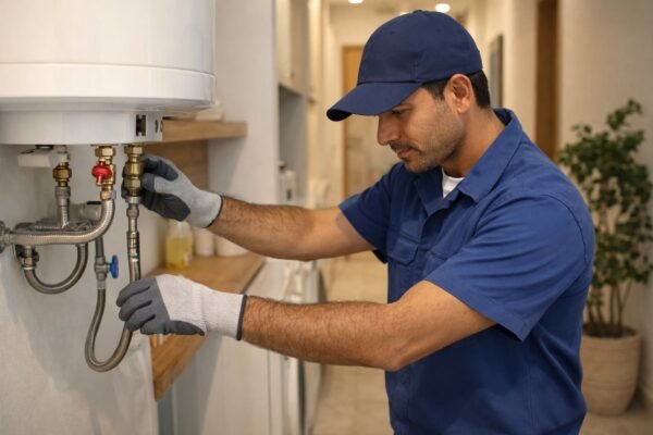 فني صحي يفحص سخان ماء ووصلات الماء الحار