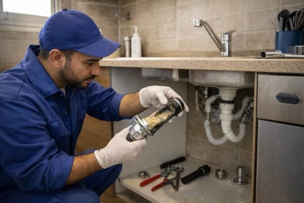 فني صحي ينظف سيفون حوض المطبخ