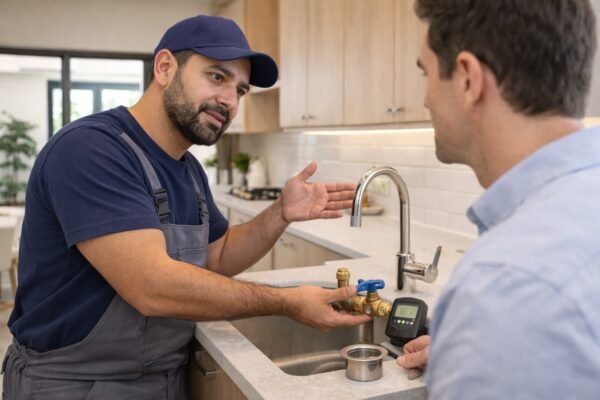 فني صحي يشرح للعميل نقاط ضعف وصلات مغسلة المطبخ