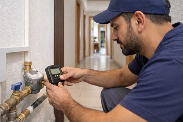 فني صحي يفحص عداد المياه ويقيس ضغط التغذية