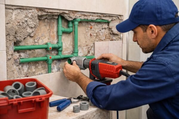 فني صحي يركّب مواسير PPR داخل جدار حمام بالمرقاب