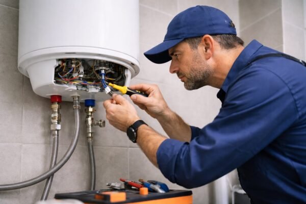 فني صحي يصلّح سخان كهربائي داخل منزل