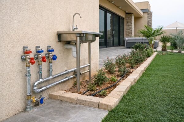 تمديد ماء منظم لمغسلة خارجية وحديقة في شاليه بالخيران