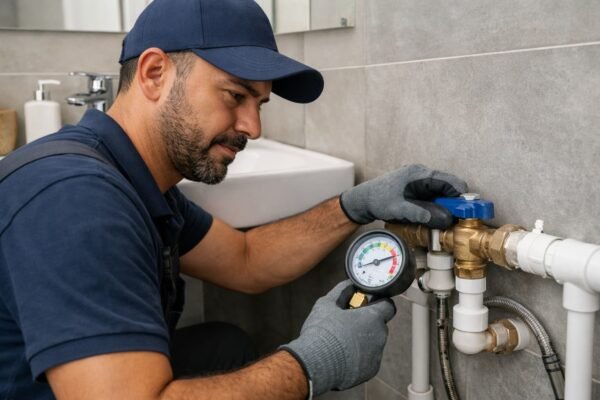 فني صحي يفحص ضغط الماء ويغلق المحبس داخل حمام