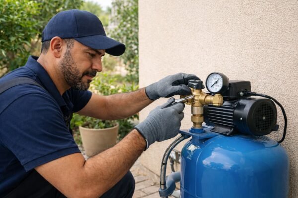 فني صحي يراجع مضخة وخزان ضغط لتثبيت ضغط المياه