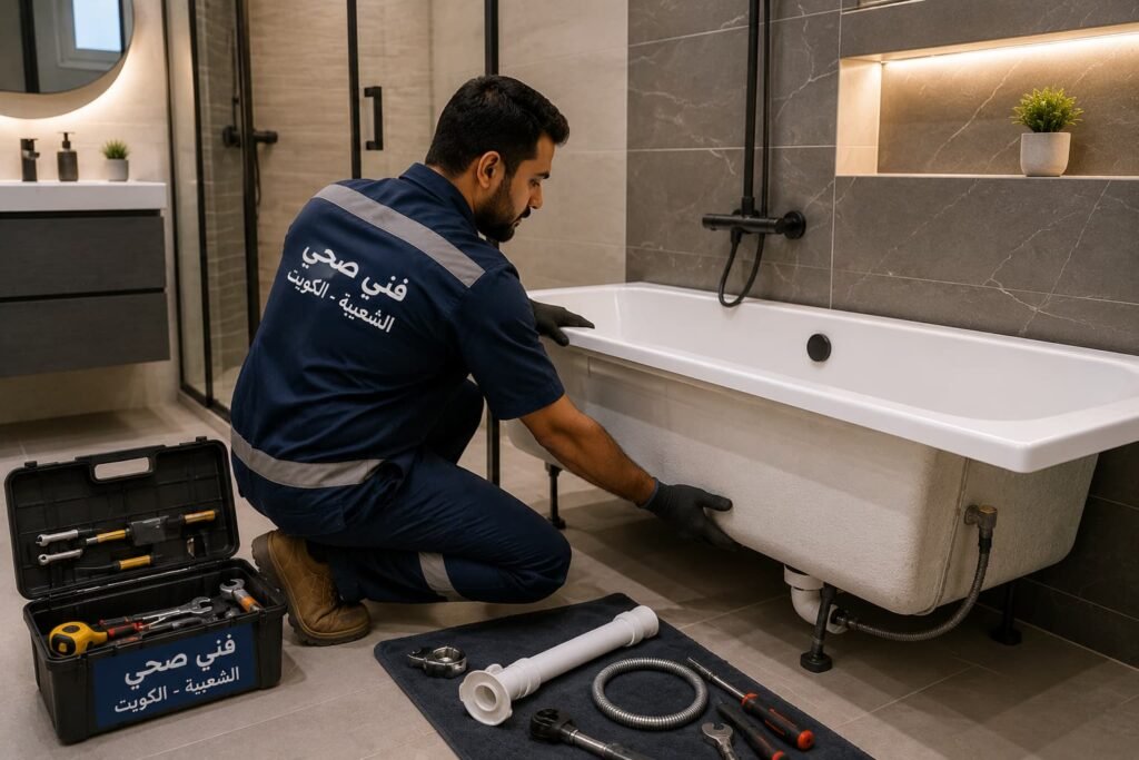 فني صحي يركب بانيو داخل حمام حديث