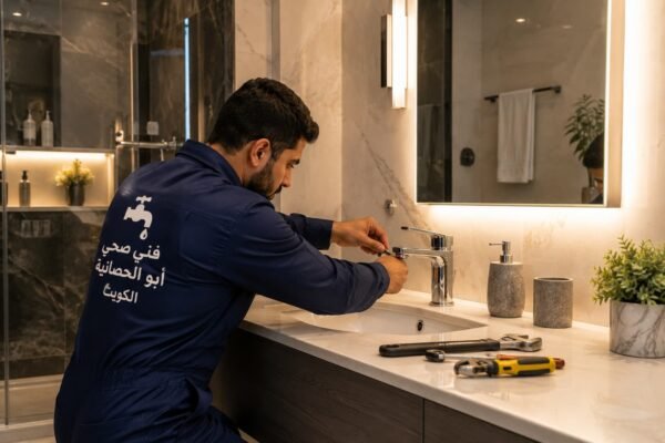 سباك محترف يركب خلاط مياه داخل حمام فاخر